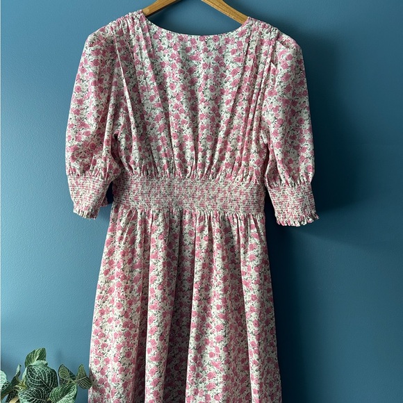 Lush Pink Floral V-Neck Mini Dress with Puff Sleeves - Picture 2 of 3